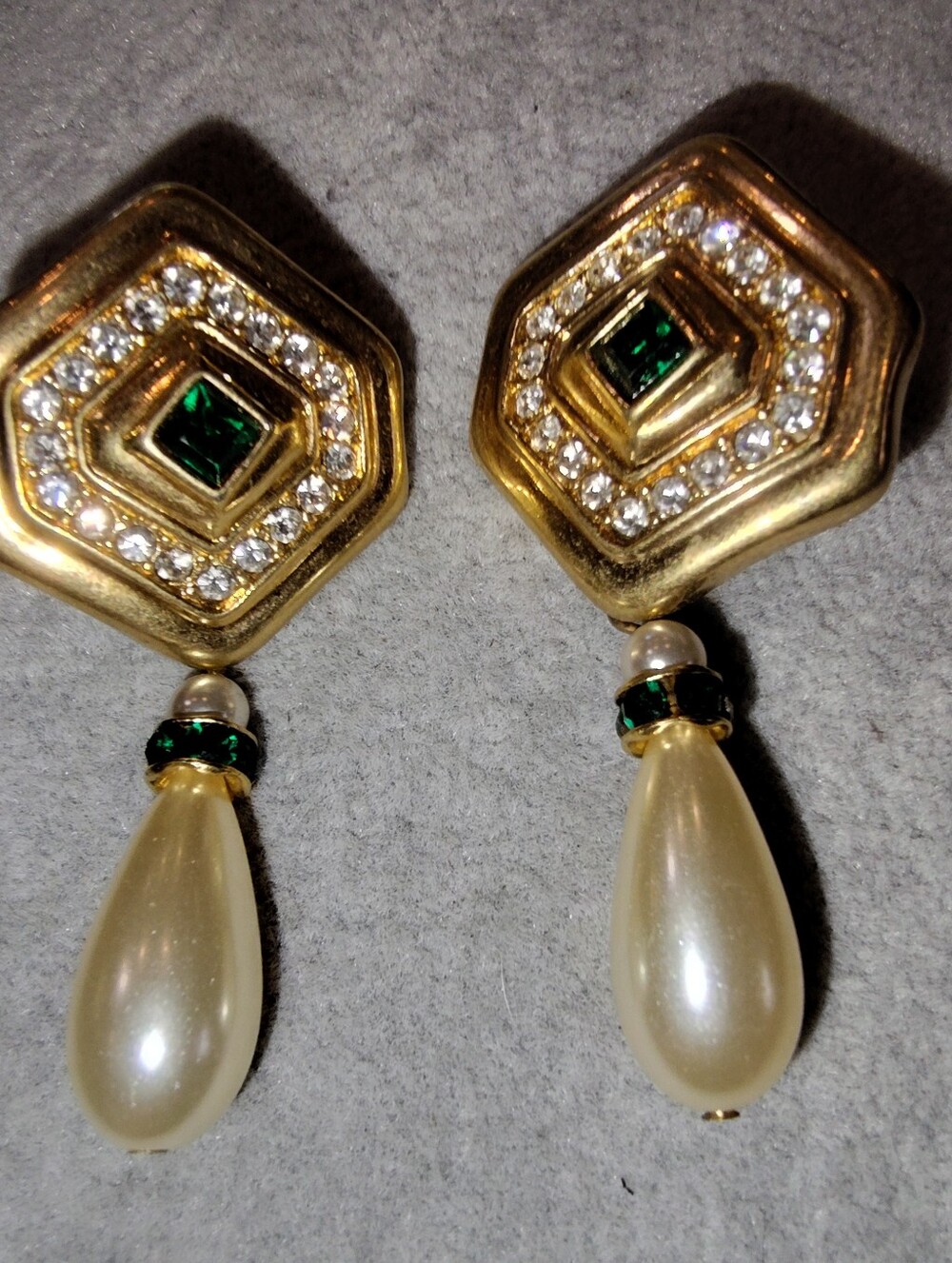 Swarovski Gold-Tone Green &Clear Crystal & Pearl Teardrop Earrings, Pierced, 2"